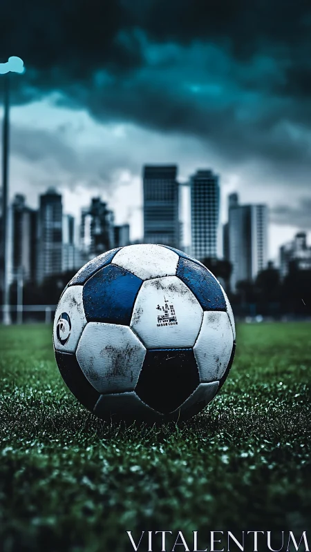 Weathered soccer ball on wet turf before stormy skyline.