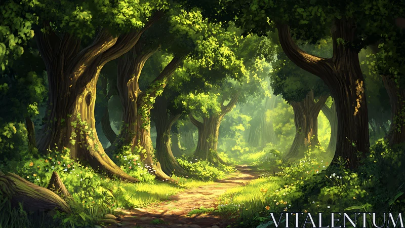 Ancient Forest Canopy with Luminous Undergrowth and Atmospheric Light Diffusion