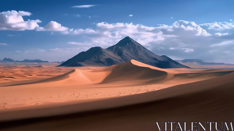 Sculpted desert dunes before solitary basaltic mountain peak.
