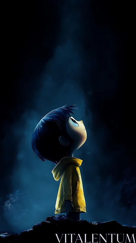 Child in yellow raincoat under ethereal blue spotlight.