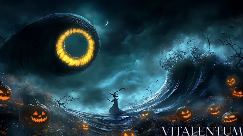 Halloween waves, crescent moon, cloaked figure, glowing eye.