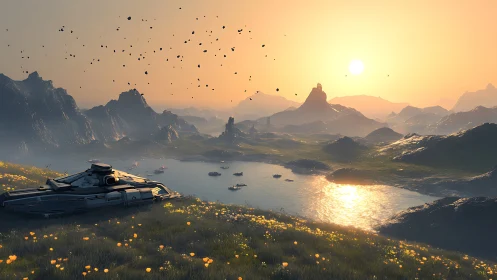 Futuristic starship above calm alien river valley at dusk.