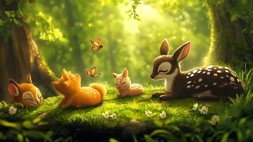 Young deer resting on sunlit forest moss with butterflies.