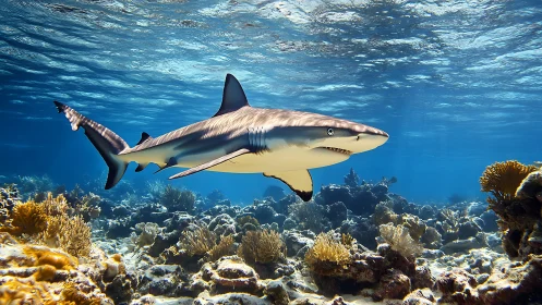 Oceanic reef shark gliding above coral bed in clear shallows