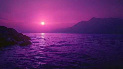 Monochromatic magenta seascape with silhouetted mountains at sunset
