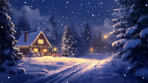 Snow covered cabin stands lit among dense winter forest