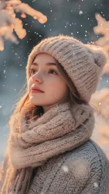 Soft winter portrait in shallow-depth photorealistic framing.