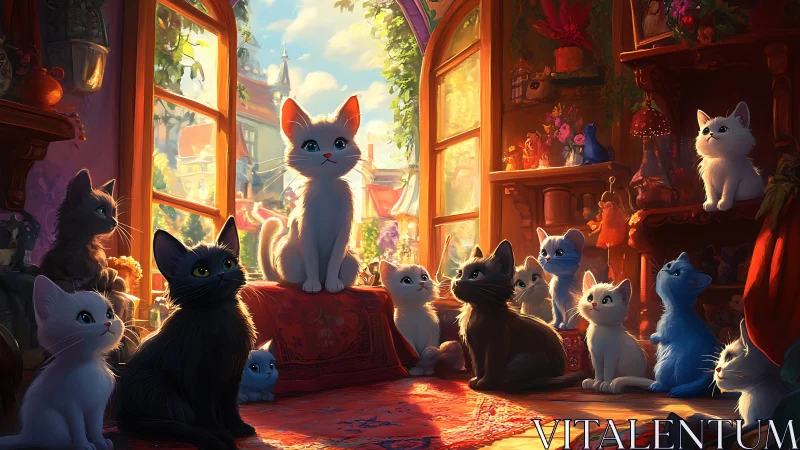 Cats Gather in Golden Sunlit Study.