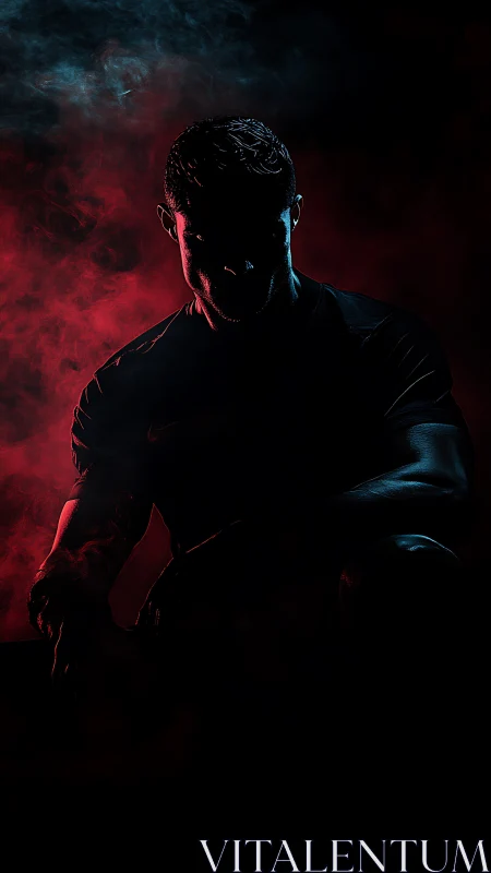 Moody athlete in red and blue smoke, resting in shadowed focus.