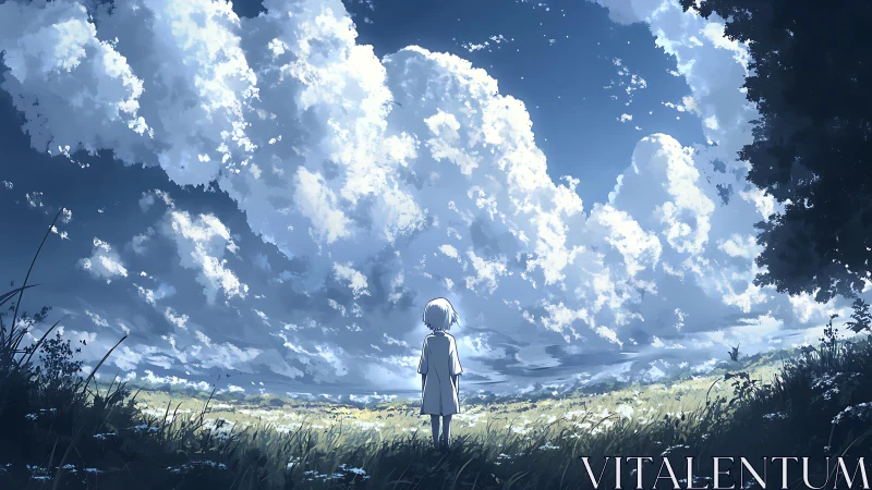 Atmospheric fieldscape with solitary child under cumulus vault.