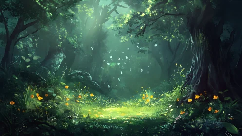 Enchanted forest clearing with luminous canopy and scattered wildflowers