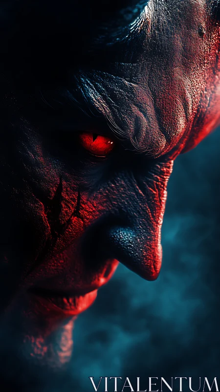 Demonic red-eyed profile in cinematic blue shadow glow.