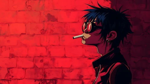 Rebel silhouette smolders against fever-bright red bricks.