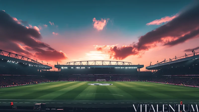 Football stadium under evening sky with illuminated stands.