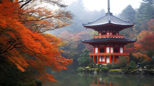 Tranquil Japanese lakeside pagoda wrapped in autumn color.