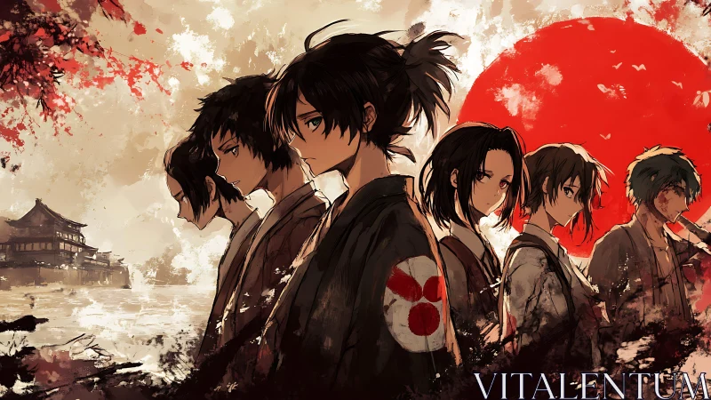 Samurai youth line under red sun in painterly anime style.