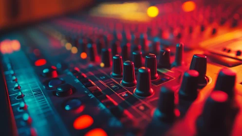Audio mixing console with illuminated control knobs and faders.