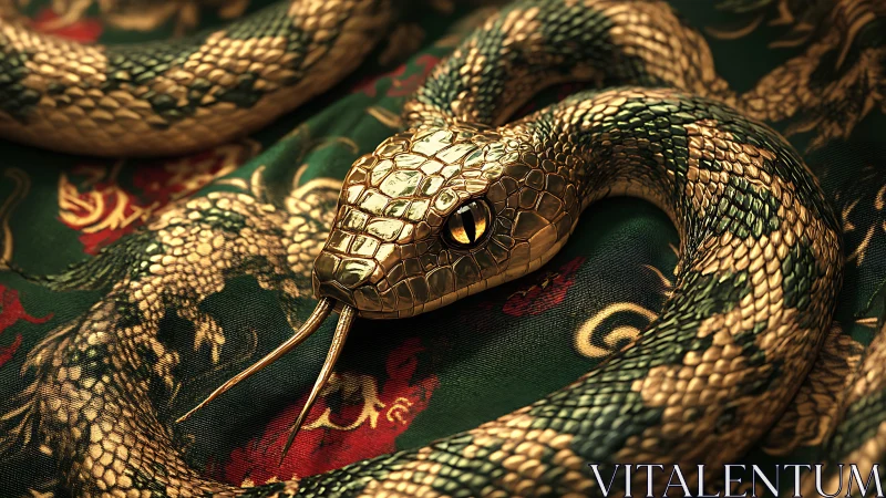 Golden serpent coiled on ornate green brocade fabric.