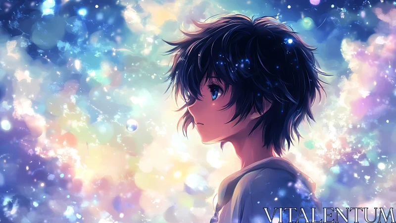 Dreamy anime boy gazes into a glowing cosmic bokeh sky.