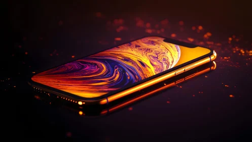 Modern smartphone with vivid abstract display in glowing orange light.