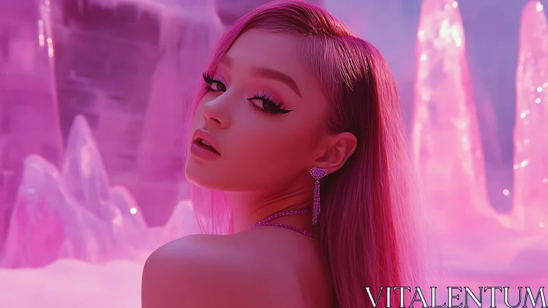 Neon pink portrait in crystalline fantasy environment glows