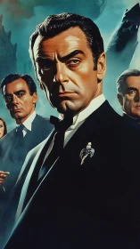 Confident spy in a sharp suit framed by moody intrigue.