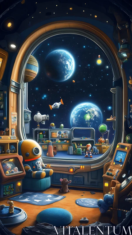 Cozy space nursery overlooks distant planets and playful stars