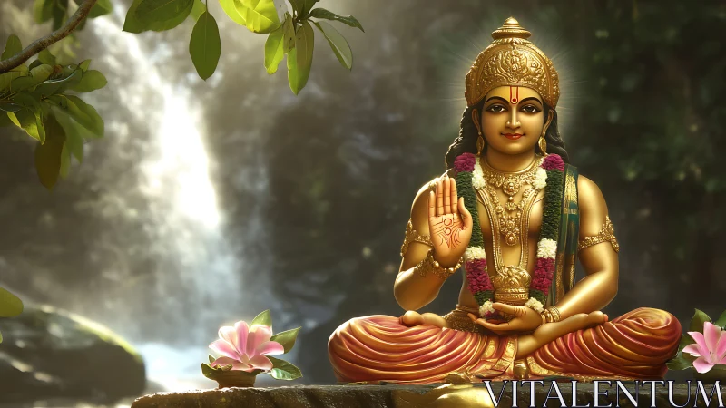 Golden Hindu deity statue seated by soft waterfall light.