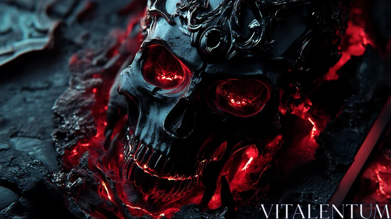 Ember-crowned obsidian skull smolders in molten crimson gloom.