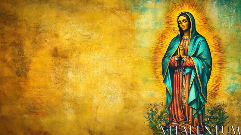 Virgin figure in teal mantle on radiant gold ground.