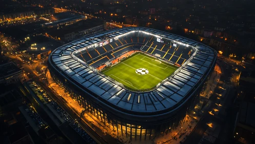Illuminated football stadium captured from high aerial view