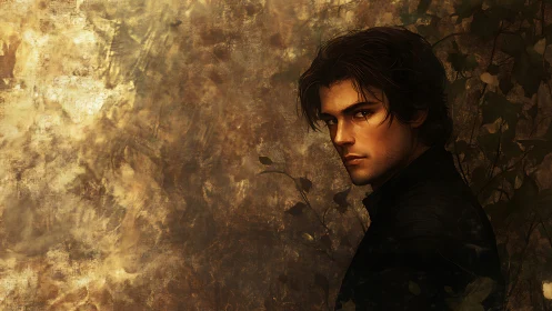 Moody young man in golden light beside quiet autumn leaves.