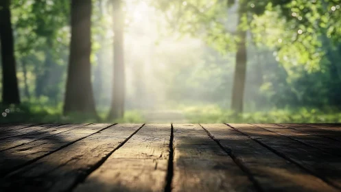 Wooden deck surface with forest path and diffused sunlight filtering through tree canopy