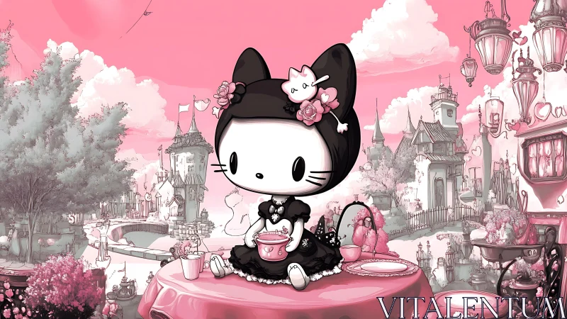 Gothic kitty enjoys pastel tea in whimsical pink town.