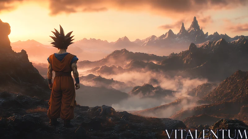 Saiyan warrior surveys blazing sunset over misty peaks.