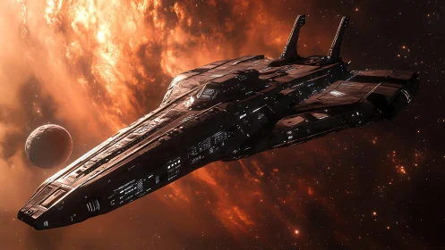 Stately starship glides past a glowing nebula and lone planet