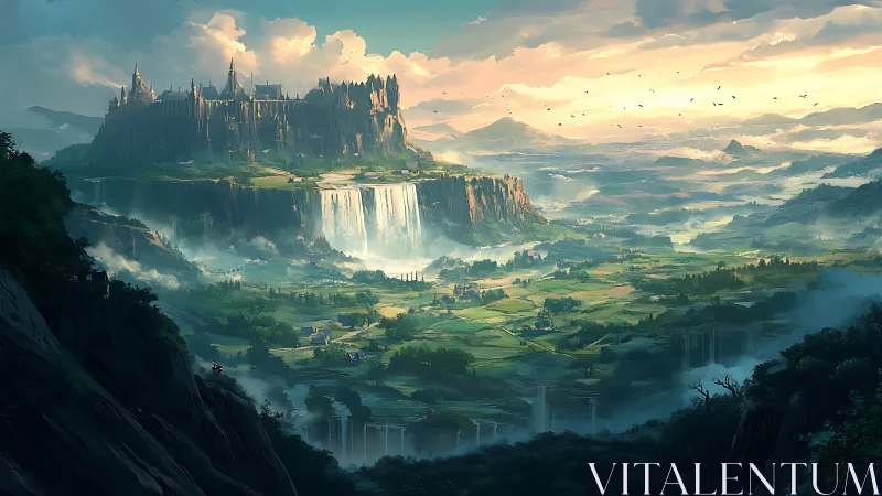 Elevated cliffside citadel above terraced valley waterfalls