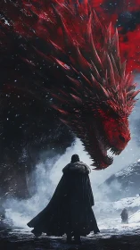Colossal crimson dragon confronts cloaked figure in frozen pass