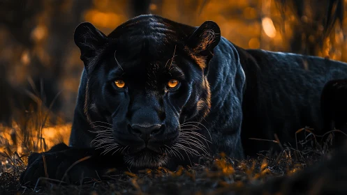 Black panther lying in grass with intense golden eyes.