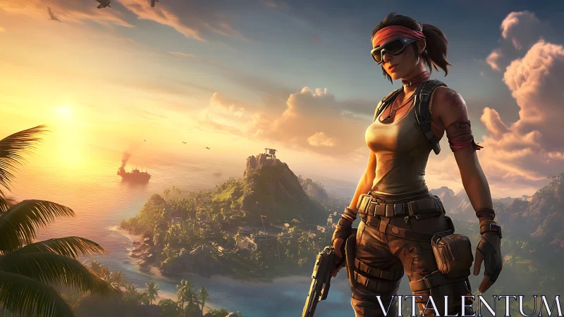 Sunset commando guarding a war-torn tropical paradise.