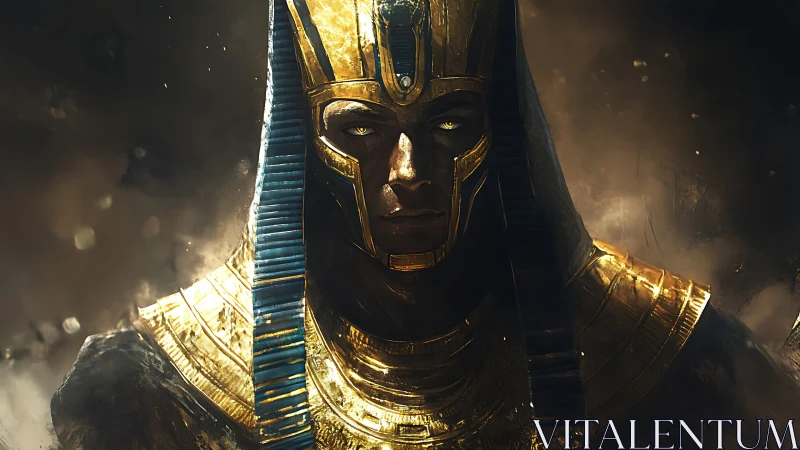 Luminous pharaonic warlord rendered in high-spec digital chiaroscuro.