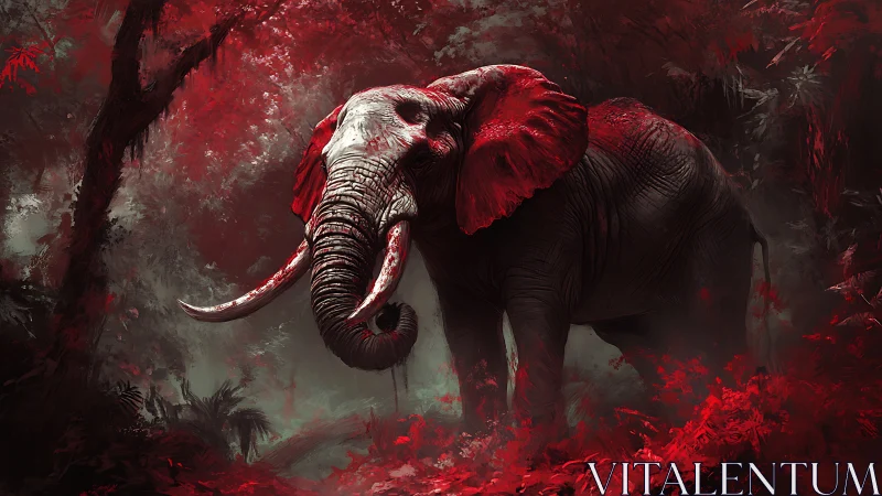 High-contrast red-lit elephant stands in stylized dense jungle
