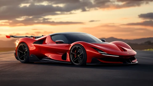 Scarlet hypercar cuts across a racetrack at sunset glow