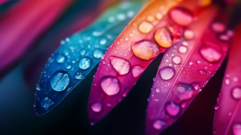Macro water droplets coat vivid multicolor flower petals