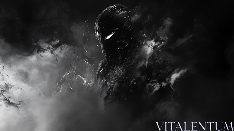 Cybernetic warrior emerges from swirling monochrome smoke
