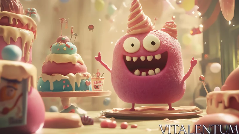 Frosting-frenzy cupcake monster hosting a sugary birthday rave.