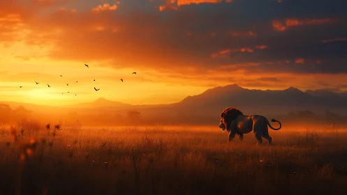 Lion striding through ember-lit savanna at mountain sunset.