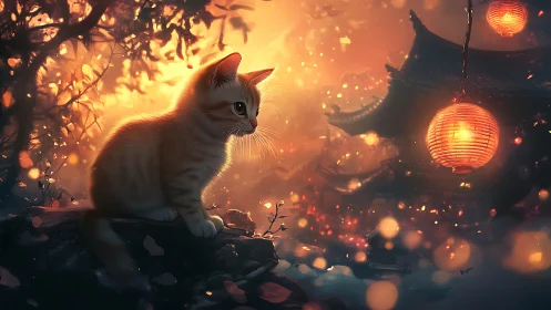 White feline in luminescent Asian temple environment with bokeh lighting