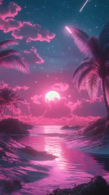 Neon moon pours candy light across this dreamwave shore