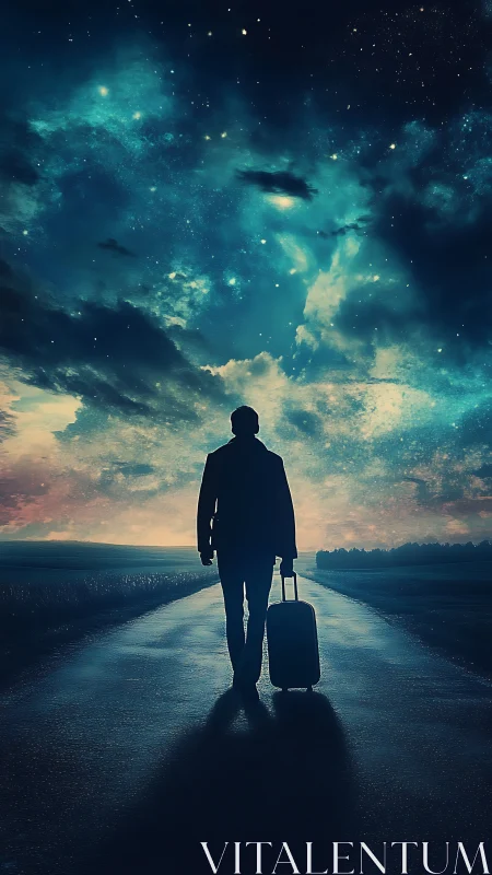 Silhouette walks alone with suitcase under luminous night sky
